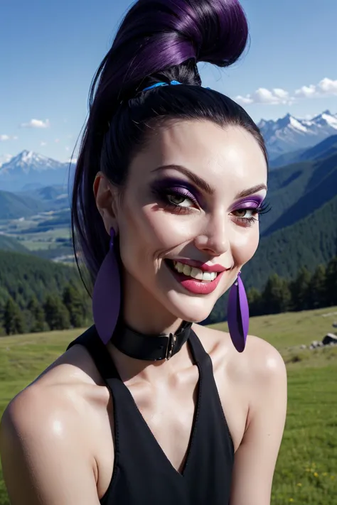 Yzma, purple hair, ponytail, black eyes, eyeshadow, pale skin, black dress, jewelry, bare shoulders, fur collar, round earrings, looking at viewer, smiling, close up, outside, mountain, blue sky, high quality, masterpiece, <lora:Yzma:.8>