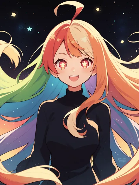 anime girl with long hair and a black top standing in front of a starr sky