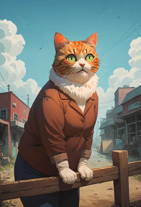 a close up of a cat standing on a fence in a town