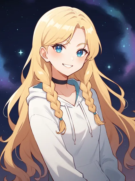 a girl with long blonde hair and blue eyes standing in front of a starr sky