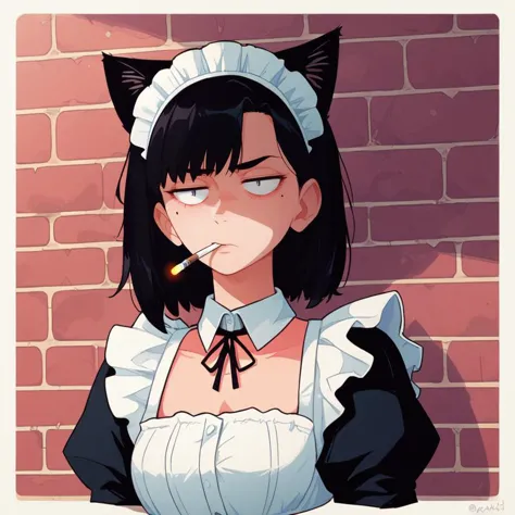 score_8_up, 1girl,  fluffy clouds, illustration, simple background, alley, cigarette in mouth, bored, catgirl, maid, maid headdress, maid apron, black hair, medium hair, upper body, mole under eye, no hands, no human ears