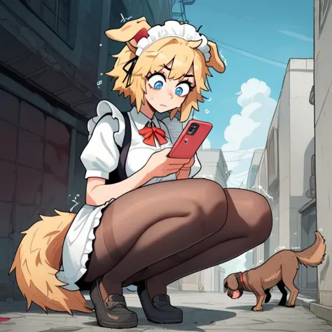 score_8_up, cute dog girl, maid, fluffy clouds, illustration, dog tail, messy blonde hair, alley behind restaurant,  <lora:last:...
