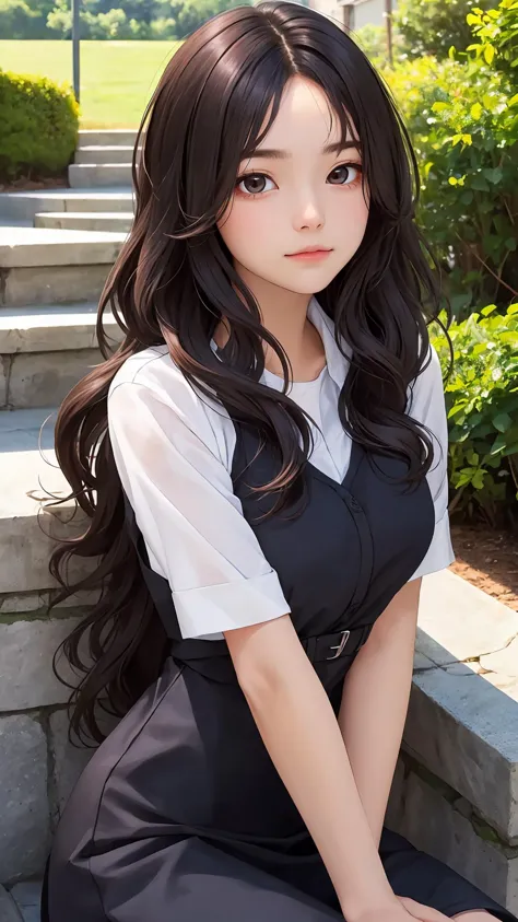 (Long hair with natural waves), (character on front), outdoors, dark hair, dark eyes, lady, masterpiece, best quality, looking a...