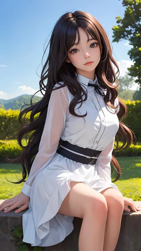 (Long hair with natural waves), (character on front), outdoors, dark hair, dark eyes, lady, masterpiece, best quality, looking a...