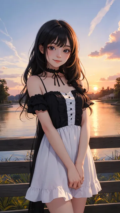 (masterpiece), (best quality), (absurdres), (looking at viewer), (cowboy shot), (happy face:0.7),
sunset, 
town, outdoors,
long hair, black hair, natural wavy, side bang, fringe, black eyes,
gothic, dress,