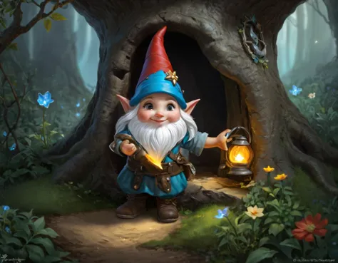 gnome with lantern in front of a tree in a forest