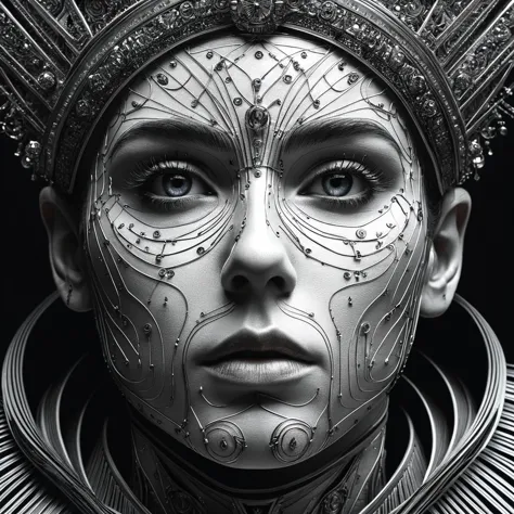 a close up of a woman with a silver face and headdress