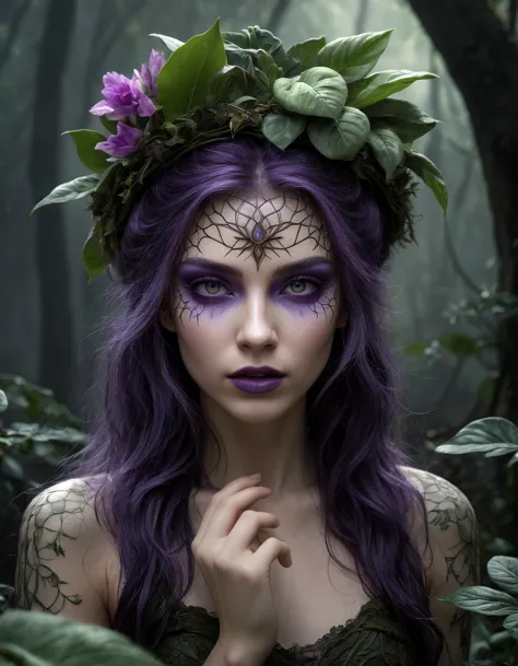 a woman with purple hair and a spider web headpiece in a forest