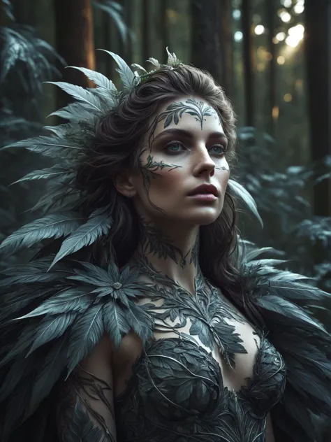 a woman with black feathers and a black dress in a forest