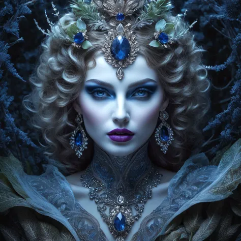 Masterpiece, raw photo, high quality, Blue Hour, Frost season, plants mandrake, a stunning digital painting of a mysterious forest woman with Carmine (M&P) hair, Magenta (Dye) eyes, and Yale Blue lips. The artwork features intricate details, geometric patterns, and a surreal, photorealistic style. Created with a Nikon D850, it showcases amazing depth and fine borders, earning awards for its fantasy and ethereal qualities. perfect eye, perfect hand, perfect body, 8k, 16k, uhd, sharp lines, (lots of details:1.2), extremely detailed, absurdres, intricate detailed, cinematic scene, best quality, high detailed, ultra sharp, photorealistic, award winning,