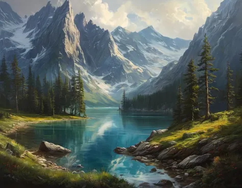 breathtaking oil painting, Detailed scenery, fantasy, mountains, forest, lake, photorealistic oil painting, by charlie bowater, ...