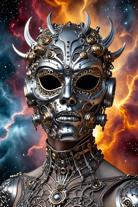 a metallic mask around the mouth and fancy silver dress in a nebula sunset in the style of intricate biopunk patterns, crazy hate face, <lora:sdxl_lightning_8step_lora.safetensors:1.0>, <lora:add detail xl.safetensors:1.5>