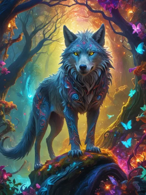 award winning photograph of a fenrir in an vibrant colored enchanted wonderland, magical, whimsical, fantasy art concept, gray t...