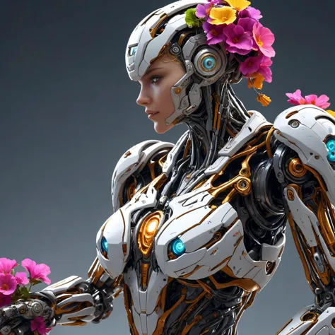 a close up of a robot with flowers in its hair