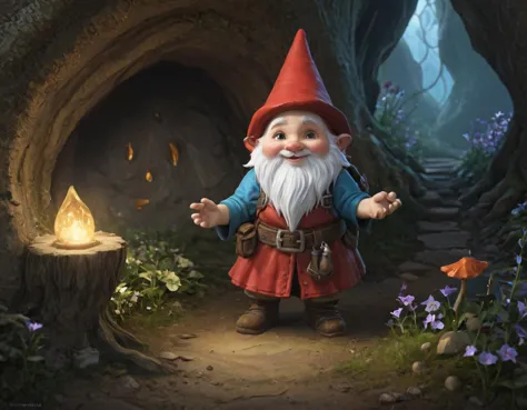 a close up of a gnome with a red hat and a red dress