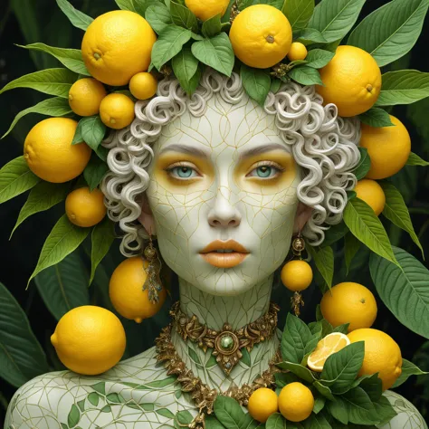 there is a woman with a wreath of lemons on her head