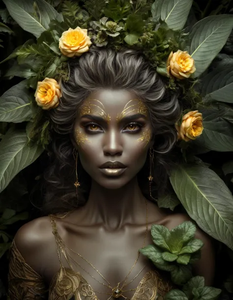 a woman with gold face paint and flowers in her hair