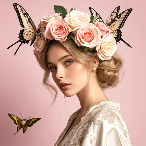 a woman with a butterfly and flower crown on her head