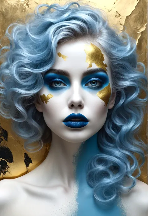 a woman with blue hair and gold paint on her face