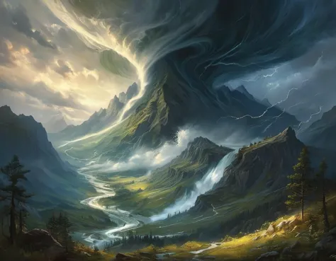 breathtaking oil painting, Detailed scenery, fantasy, mountains, tornado, photorealistic oil painting, by charlie bowater, fine ...