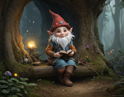 a close up of a gnome sitting on a tree stump reading a book