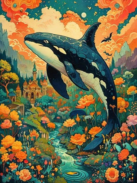 Orca in an vibrant colored enchanted wonderland, magical, whimsical, fantasy art concept, apricot theme, intricate details, best...