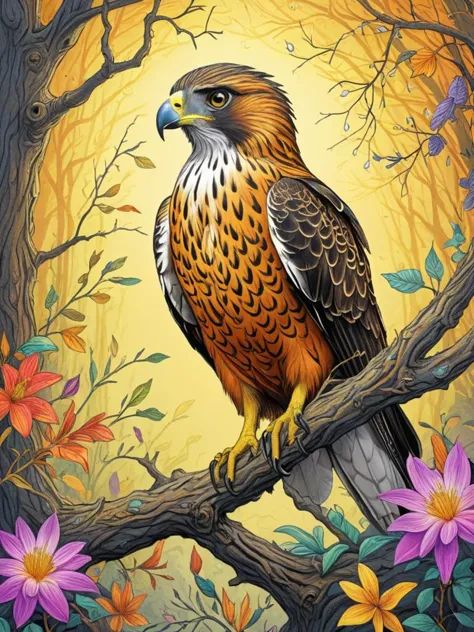 award winning photograph of a Hawk in an vibrant colored enchanted wonderland, magical, whimsical, fantasy art concept, turmeric...