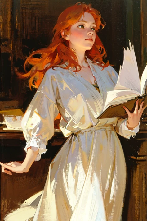 oil painting, by Anders Zorn, a magic library, a redhead witch, dancing, green eyes, wide open clothes, NSFW, detailed skin, intricate details