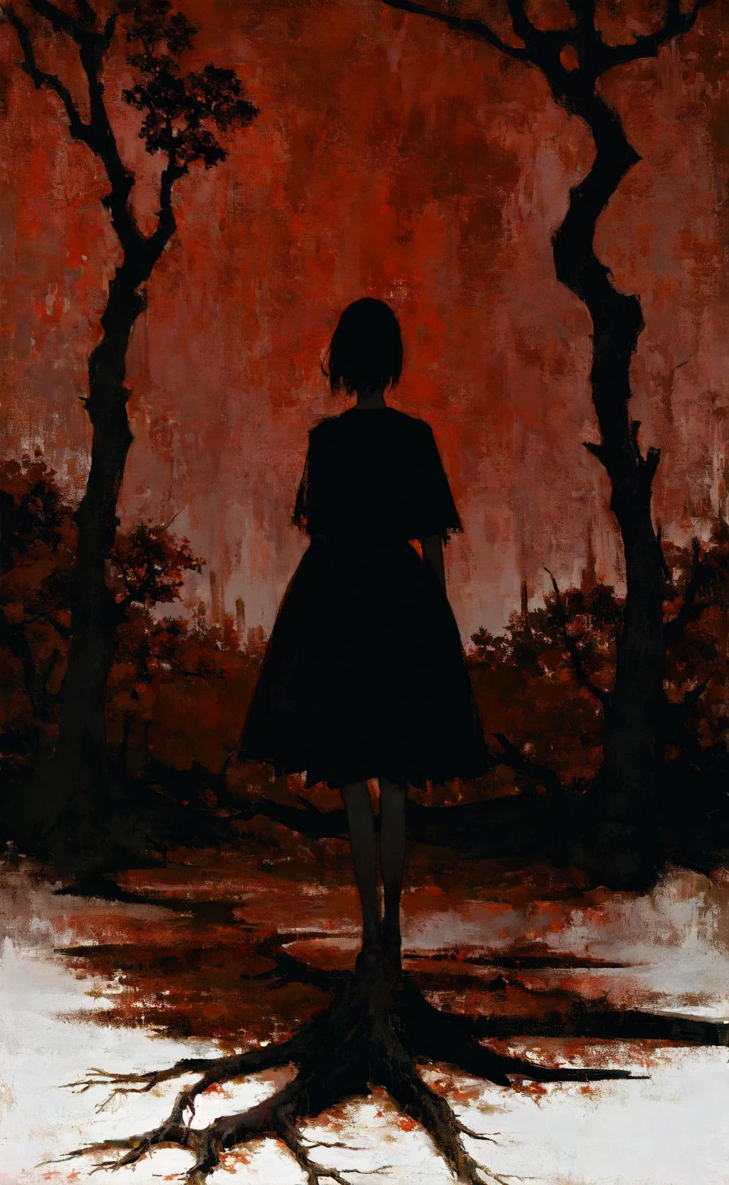 Obra de arte, melhor qualidade, garota parada debaixo da árvore morta, Paleta preta e vermelha, estranho