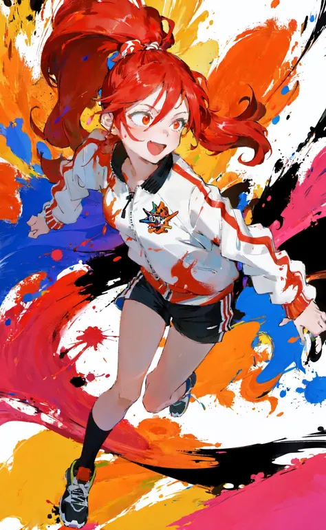 masterpiece, best quality, 1girl, red ponytail, long hair, oversized track jacket, shorts, happy, fun, paint splatter, paint, dy...