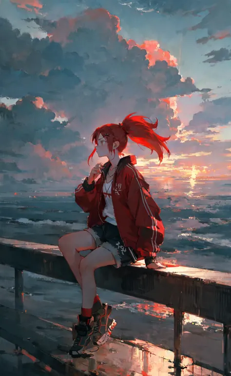 masterpiece, best quality, moody illustration, 1girl, leaning on rail, shore, red ponytail, long hair, oversized track jacket, s...