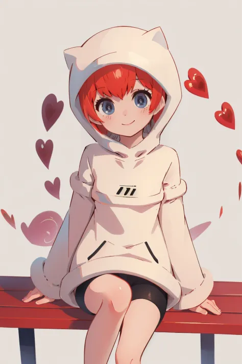 (masterpiece, best quality:1.2), solo, 1girl, p5sophia, smile, looking at viewer, sitting, bench, detached hair, heart, hoodie, hood up, long sleeves, black shorts, simple background <lora:persona5_sophia-11:1>