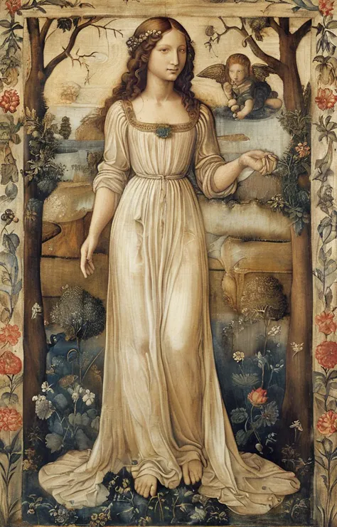 a painting of a woman in a white dress standing in a garden