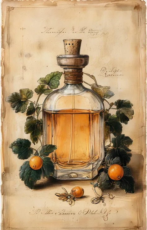 a painting of a bottle of perfume with some oranges on it