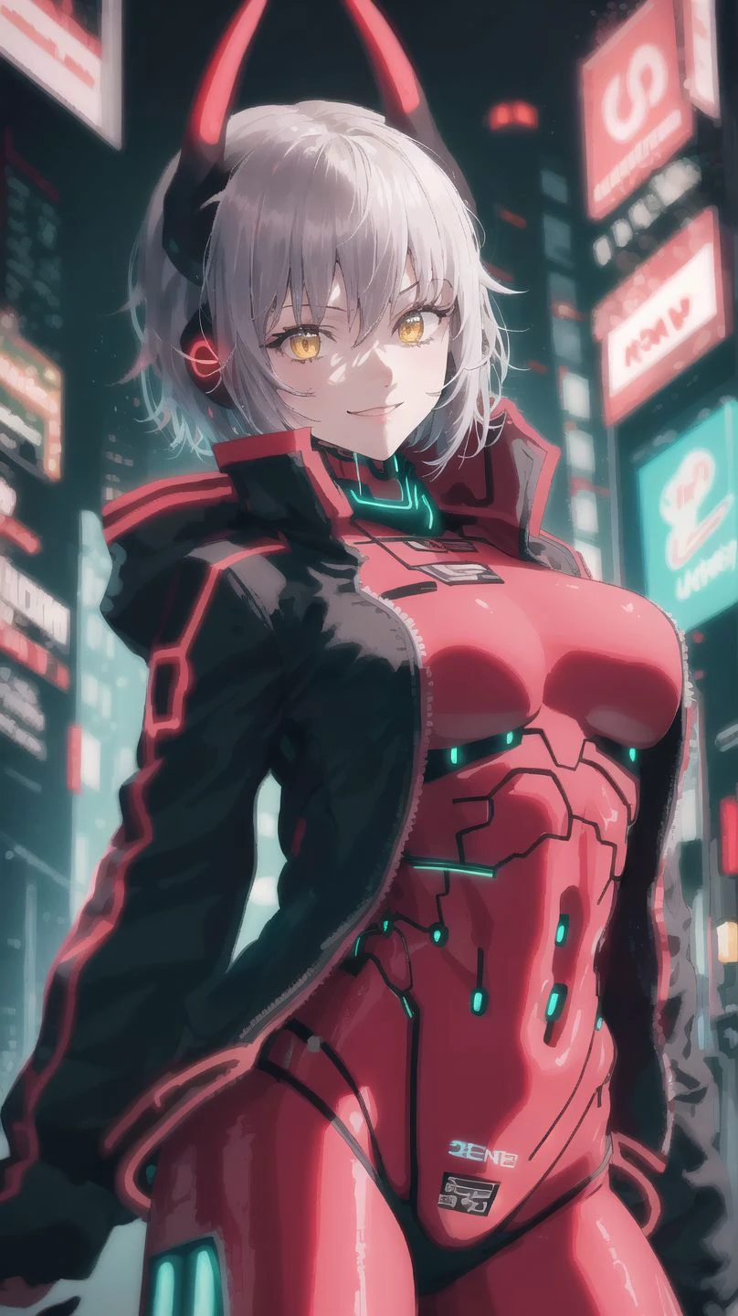 masterpiece,best quality,absurdres,ZentreyaCyborgBase,yellow eyes,short hair,mechanical horns,red bodysuit,black jacket,upper body,smile,full body,perfect lighting,city,cyberpunk city,neon lights,