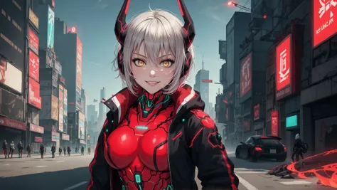 masterpiece,best quality,absurdres,ZentreyaCyborgBase,yellow eyes,short hair,mechanical horns,red bodysuit,black jacket,portrait...