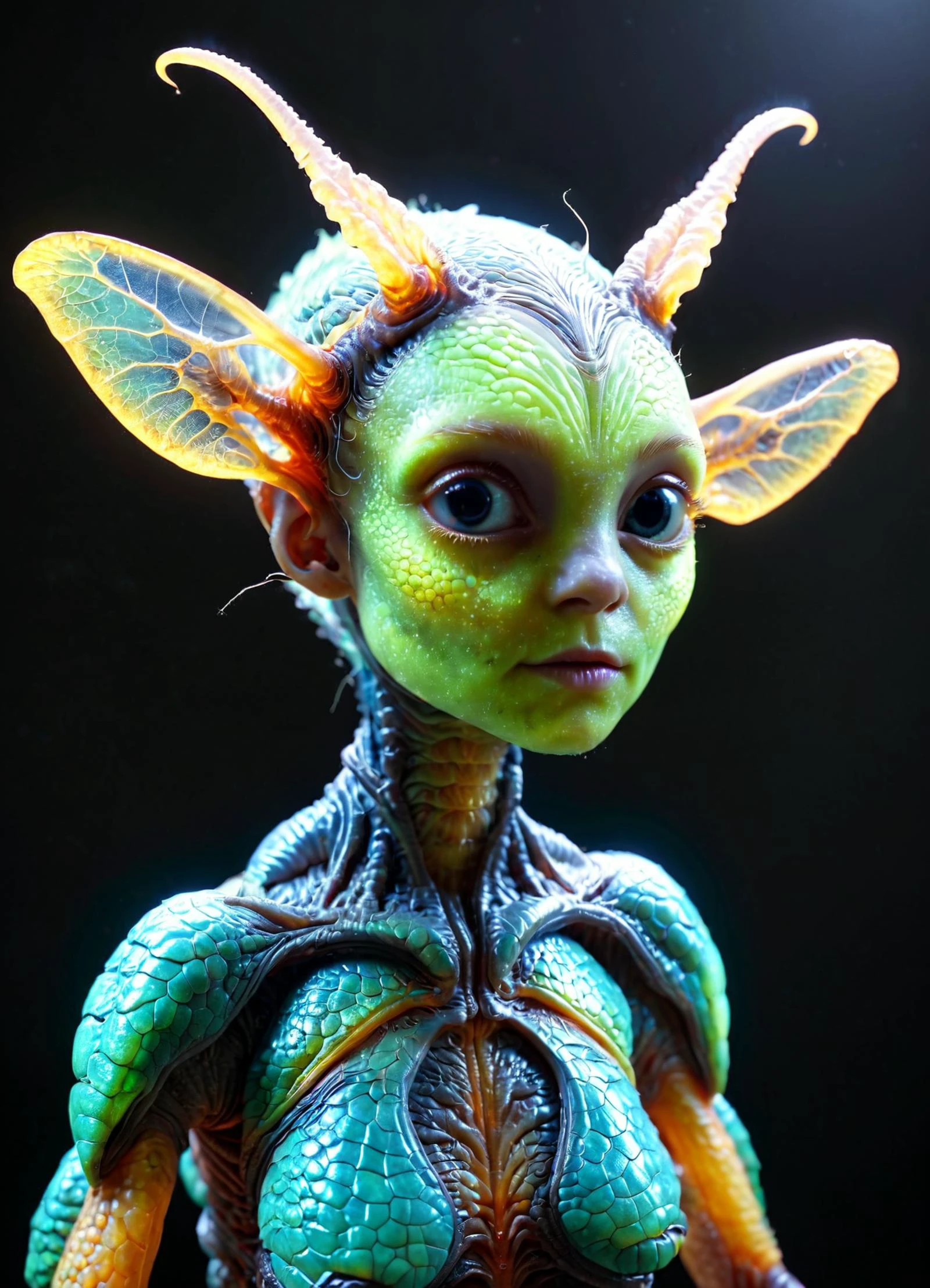 lindo insecto alienígena adorable-(mujer:1.2) con cuernos bifurcados, nódulos transparentes, fotografía de vida silvestre extraterrestre muy detallada, intrincados detalles biológicos TheWeirdies, zavy-flrscnc, fluorescente, fluorescente dust, fluorescente spraypaint, polvo brillante sin pezones, , dispersión subsuperficial, PhotoRealista, HyperRealista, estilo analógico, Realista, fotografía de cine, iluminación suave, sombra pesada