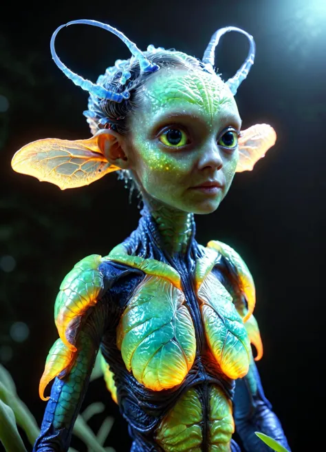 cute adorable alien insectoid-(woman:1.2) with Short Horns, transparent nodules, highly detailed alien wildlife photography, int...