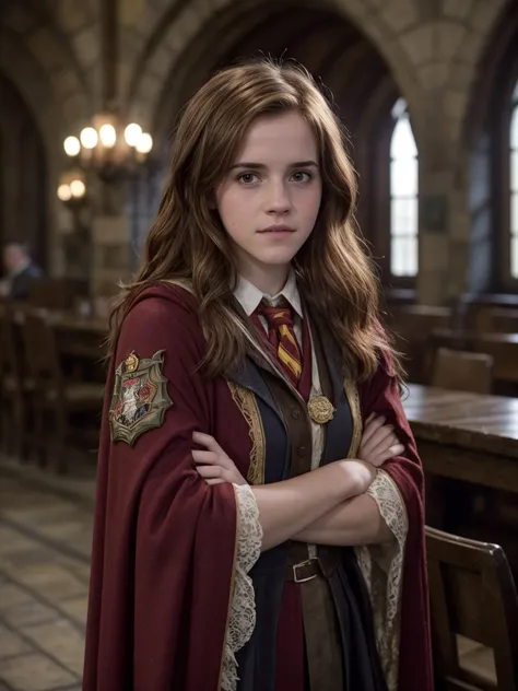 cinematic photo, harry potter scenery, gryffindor lounge at hogwarts, a realistic photo of a 20 years old actor hermine, Standin...