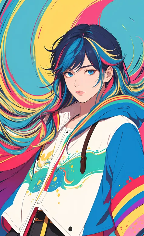 a woman with long hair and a colorful jacket