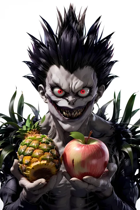 araffe with a pineapple and an apple in his hands