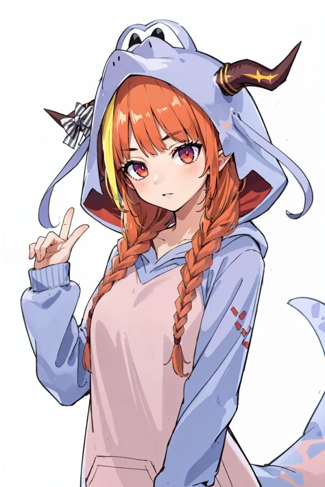 (masterpiece, best quality),  intricate details,
1girl,   <lora:kiryu_coco_v1:0.8> hmcoco, low twin braids, streaked hair, horn bow, hair over shoulder, dragon tail, animal costume, kigurumi, hood, hood up