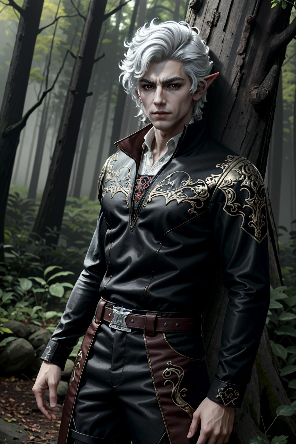 Arafed male in a black leather outfit standing in a forest - SeaArt AI