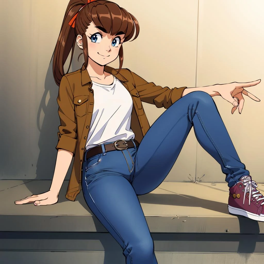 Anime girl sitting on a ledge pointing at something - SeaArt AI