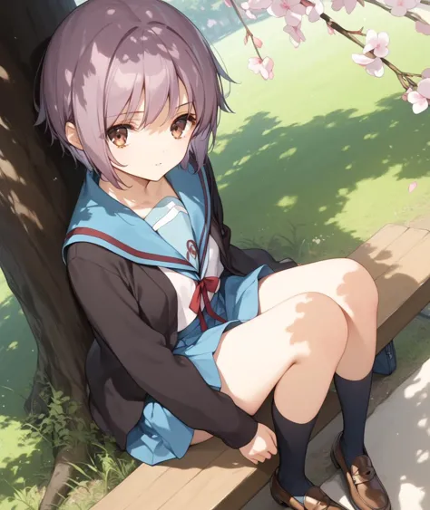 anime girl sitting on a bench with her legs crossed