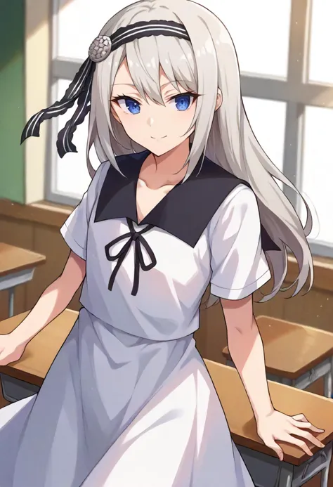 anime girl in a school uniform standing in front of a desk