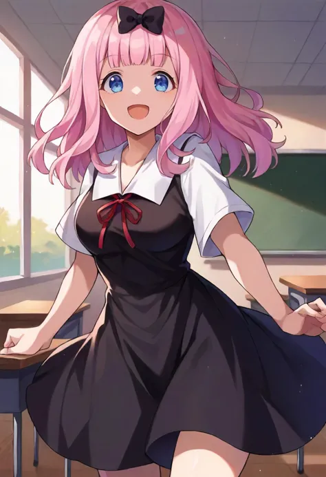 anime girl in a school uniform standing in front of a desk