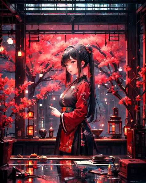 masterpiece, best quality, 8k, 1girl, upper body, cherry blossoms, east asian architecture, petals, potted plant, reflection, re...
