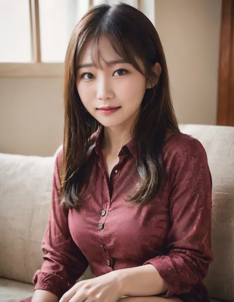 japanese woman, realskin, (archaic smile:),(soft light:1.8),(Global Illumination), (bright:1.6),
(high resolution detail of human skin texture), (rough skin:1.4),(Uneven skin tone:1.6),
dark red Damask Shirt Dress in white room sit couch,
(long hair), (upper waist)
<lora:ayame_LoRA_sdxl_v20b:0.8>