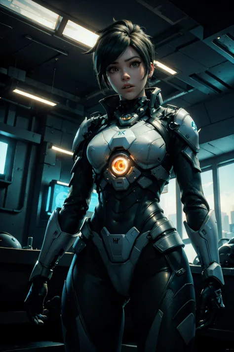 a woman in a futuristic suit standing in a room